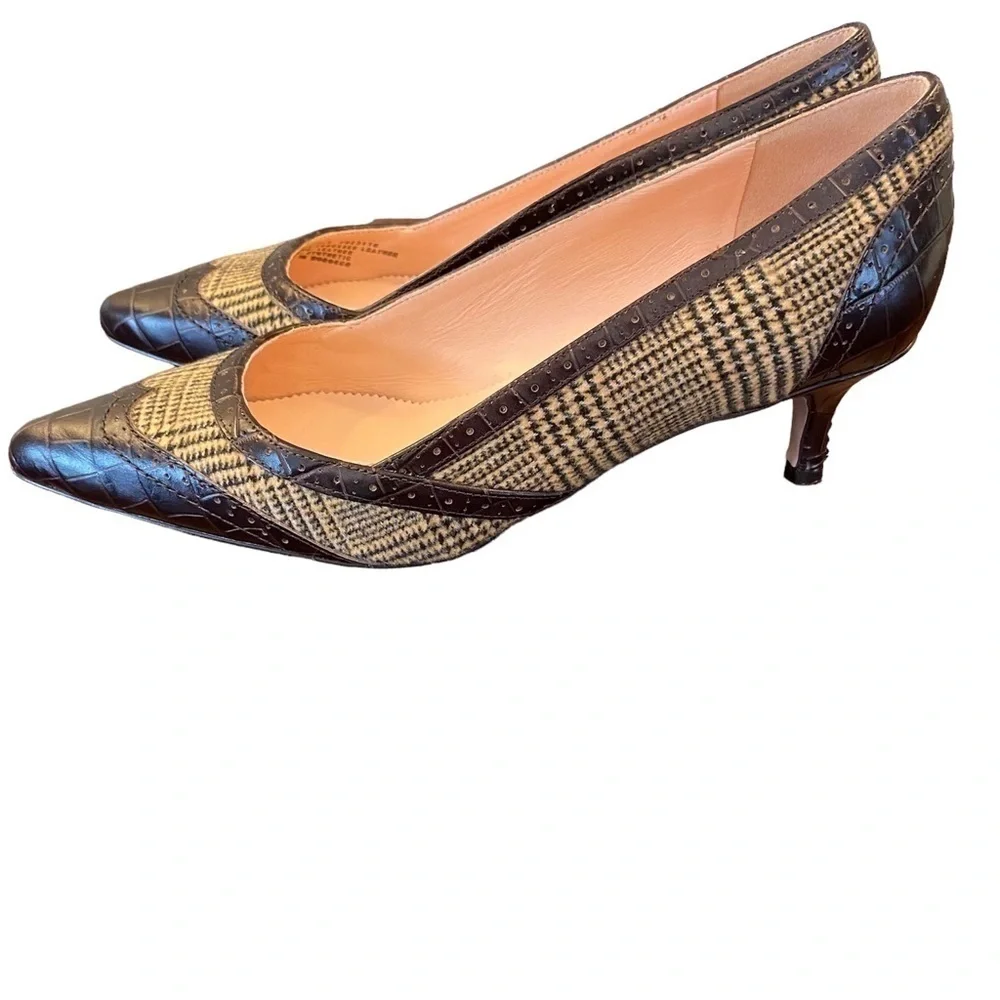 J. CREW Heels Leather Pointed Toe Crocodile Brown Plaid Women Size 8 NWOT